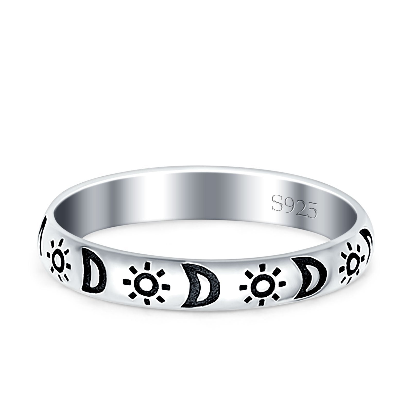 Moon & Stars Oxidized Band Solid 925 Sterling Silver Thumb Ring (3mm)