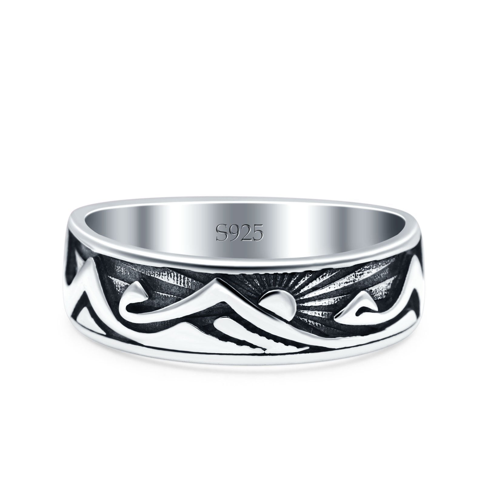 Mountains & Sun Oxidized Band Solid 925 Sterling Silver Thumb Ring (6mm)