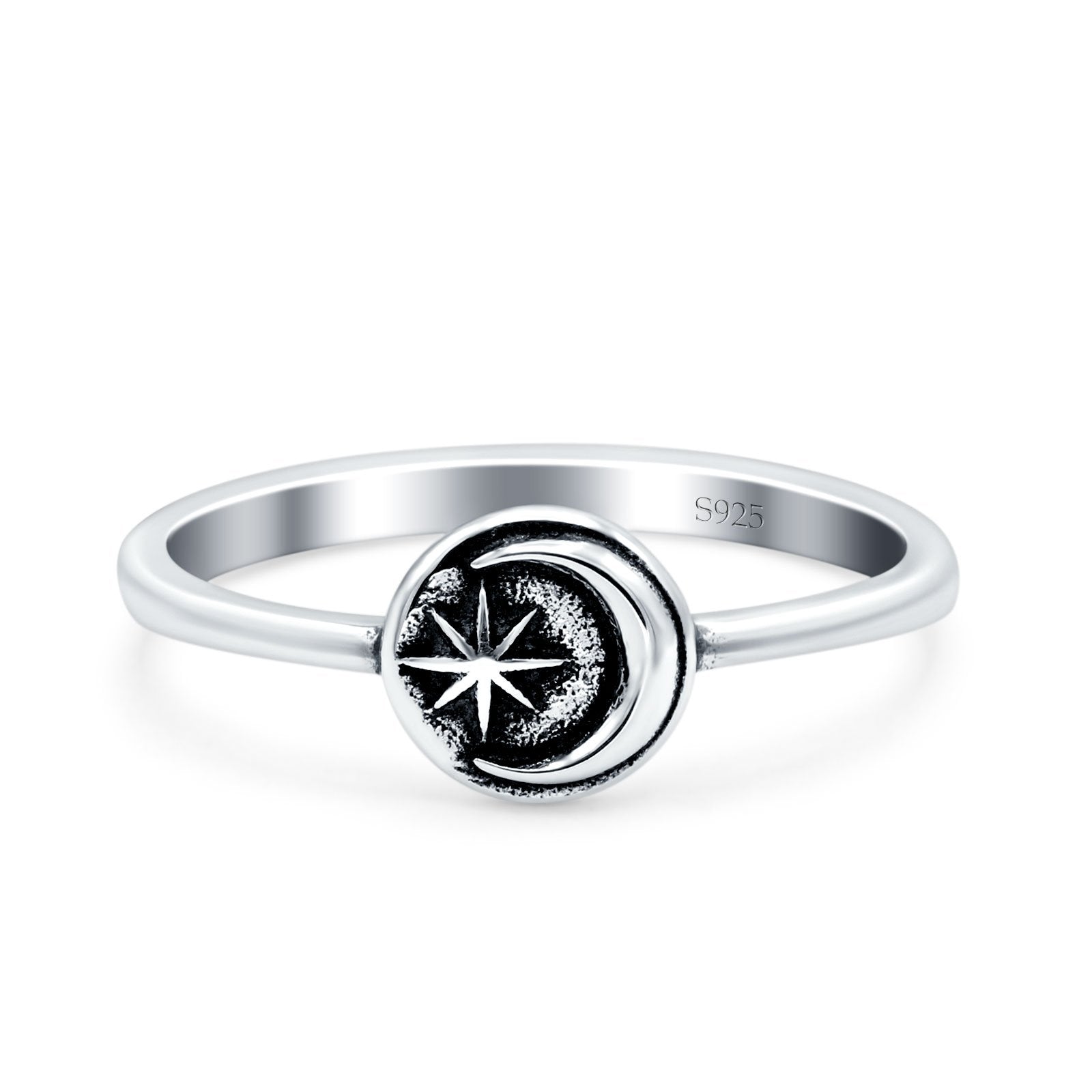 Moon & Star Oxidized Band Solid 925 Sterling Silver Thumb Ring (6mm)
