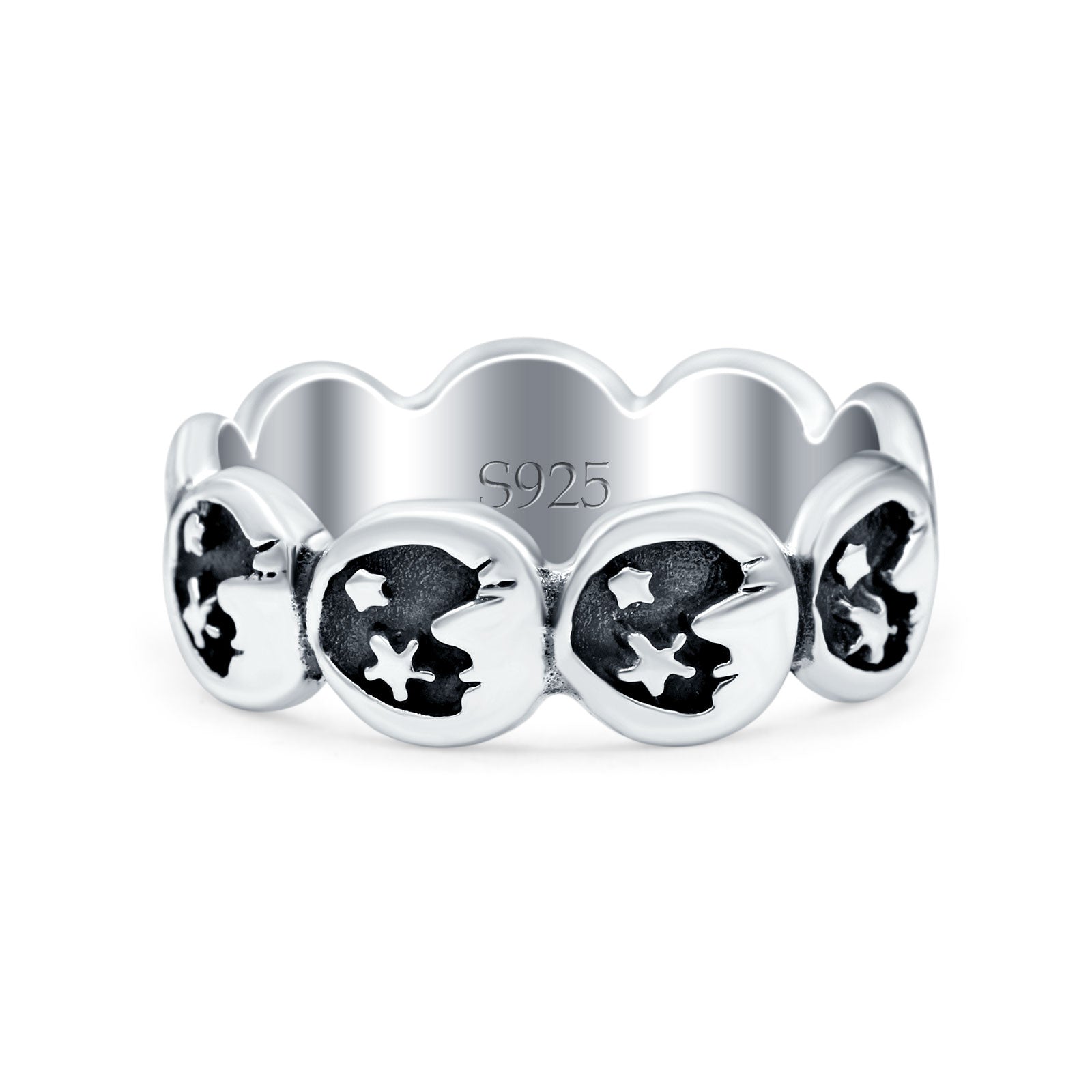 Crescent Moon & Stars Oxidized Band Solid 925 Sterling Silver Thumb Ring (7mm)