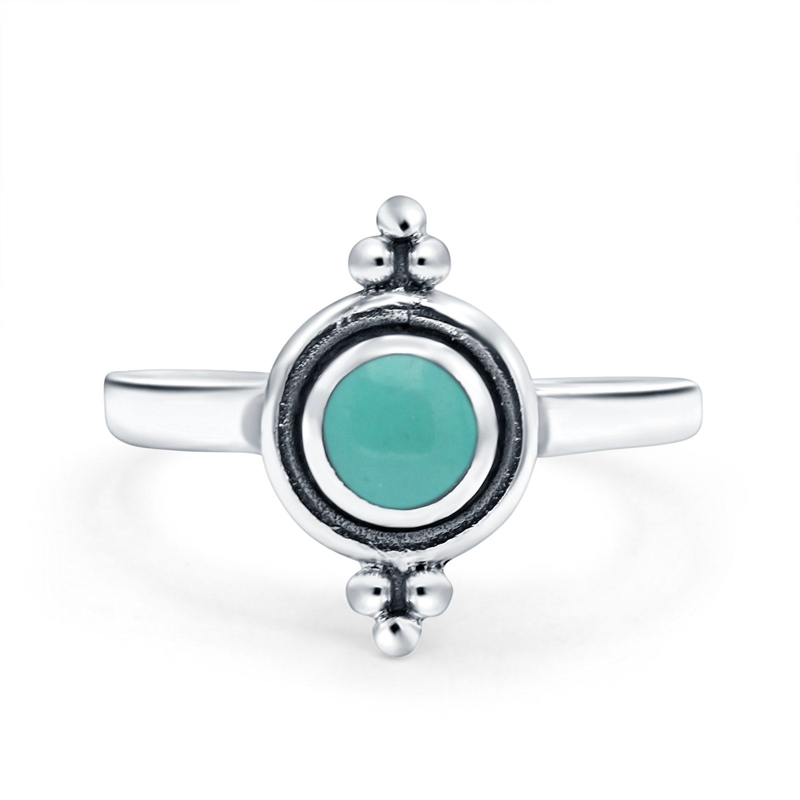 Petite Dainty Round Solitaire Ring Simulated Turquoise Band Oxidized Braided 925 Sterling Silver