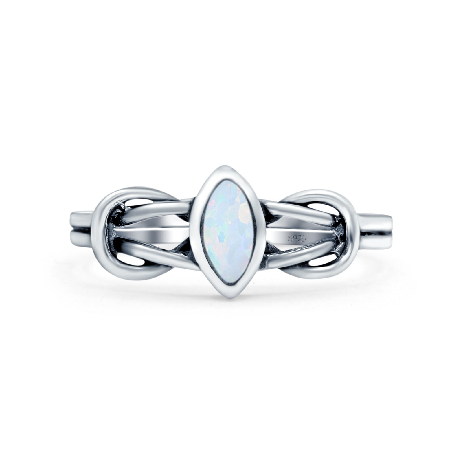 Celtic Knot Weave Petite Dainty Marquise Promise Ring Lab Created White Opal Band Oxidized Braided 925 Sterling Silver