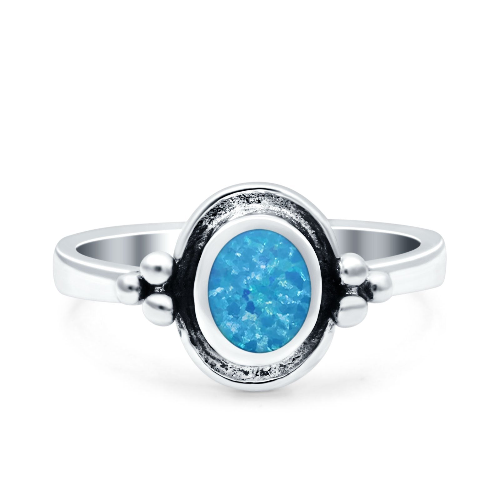 Petite Dainty Round Lab Created Blue Opal Solitaire Band Oxidized Braided 925 Sterling Silver