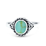 Filigree Petite Dainty Lab Opal Ring Solid Round Oxidized Simulated Turquoise 925 Sterling Silver