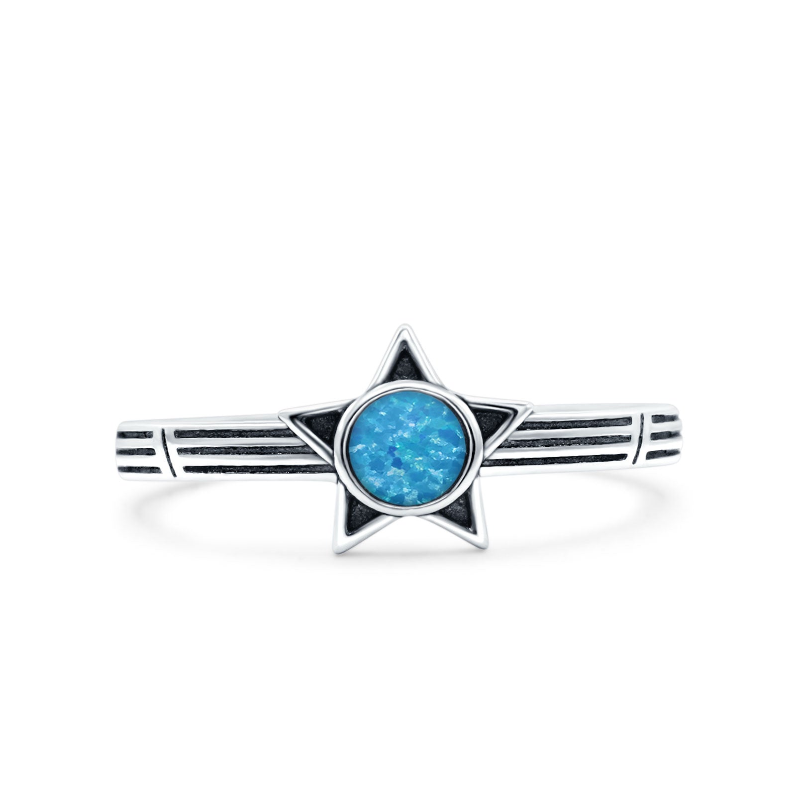 Star Petite Dainty Round Lab Created Blue Opal Promise Ring Band Oxidized Braided 925 Sterling Silver