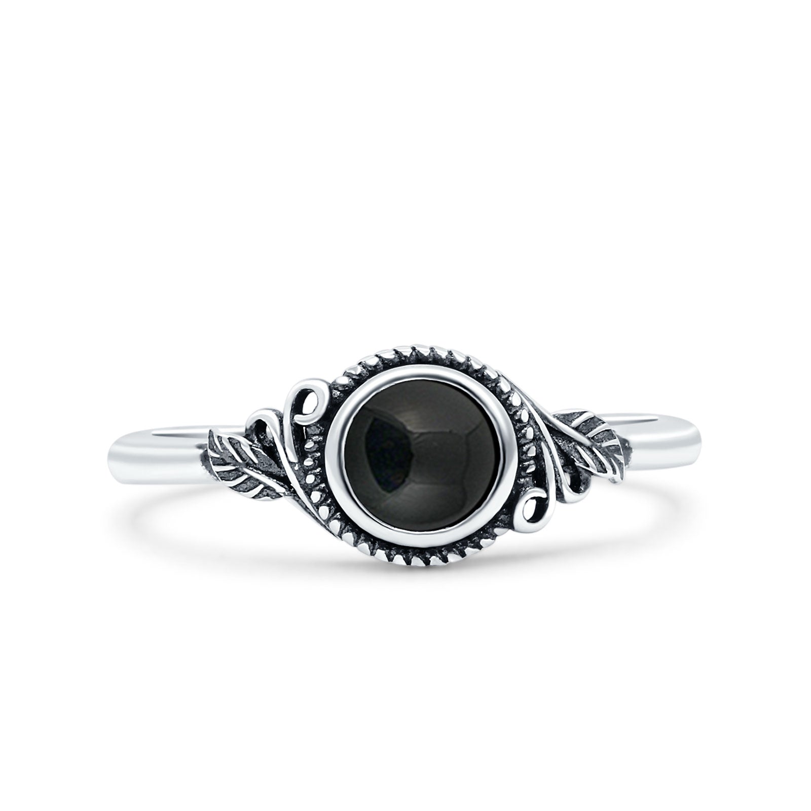 Filigree Petite Dainty Round Simulated Black Agate Promise Ring Band Oxidized 925 Sterling Silver