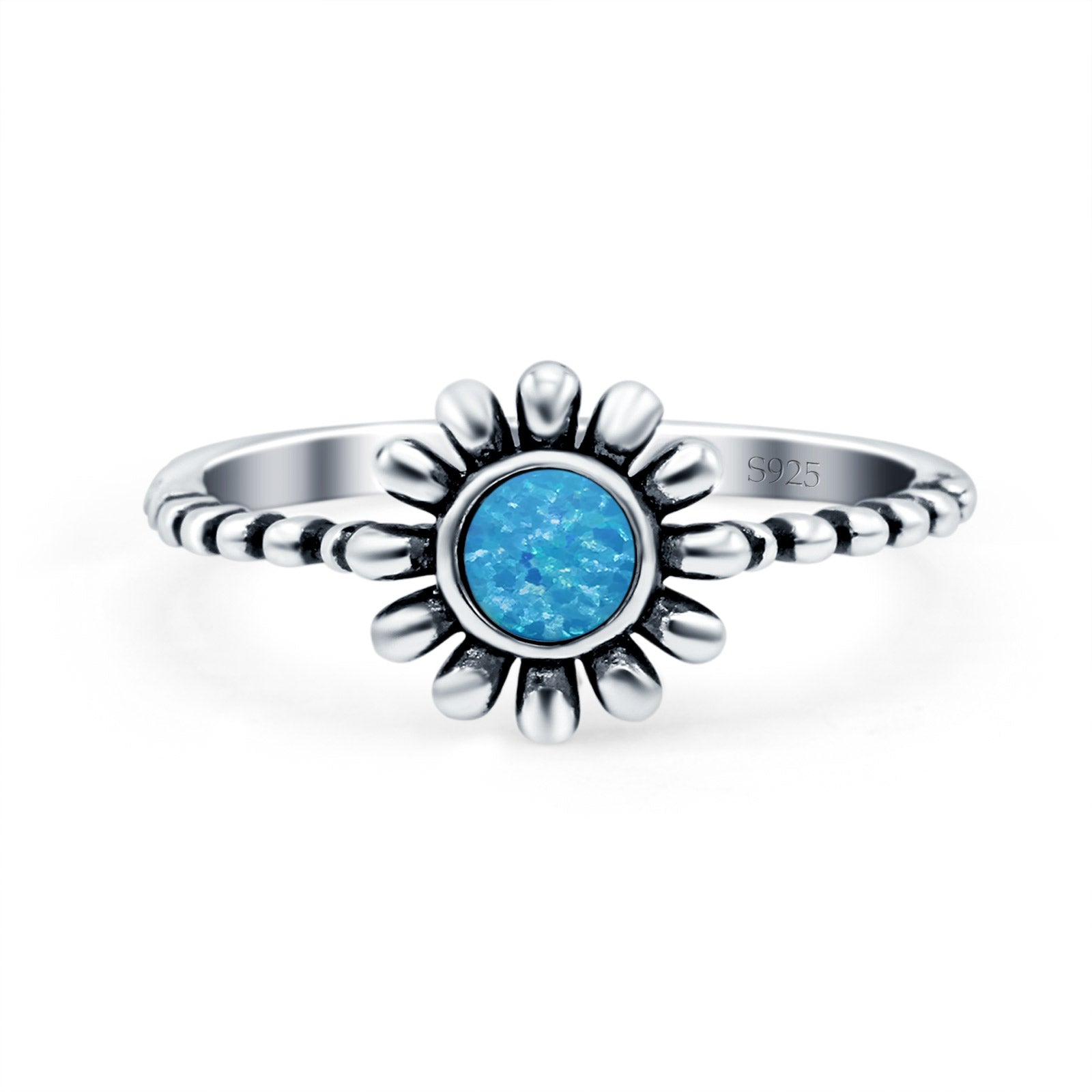Flower Style Petite Dainty Round Ring Solid Oxidized Lab Created Blue Opal 925 Sterling Silver