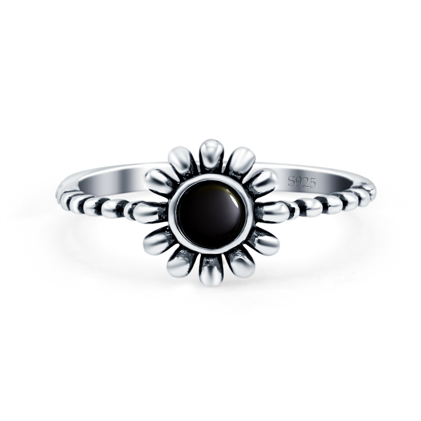 Flower Style Petite Dainty Round Ring Solid Oxidized Simulated Black Onyx 925 Sterling Silver