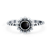 Flower Style Petite Dainty Round Ring Solid Oxidized Simulated Black Onyx 925 Sterling Silver