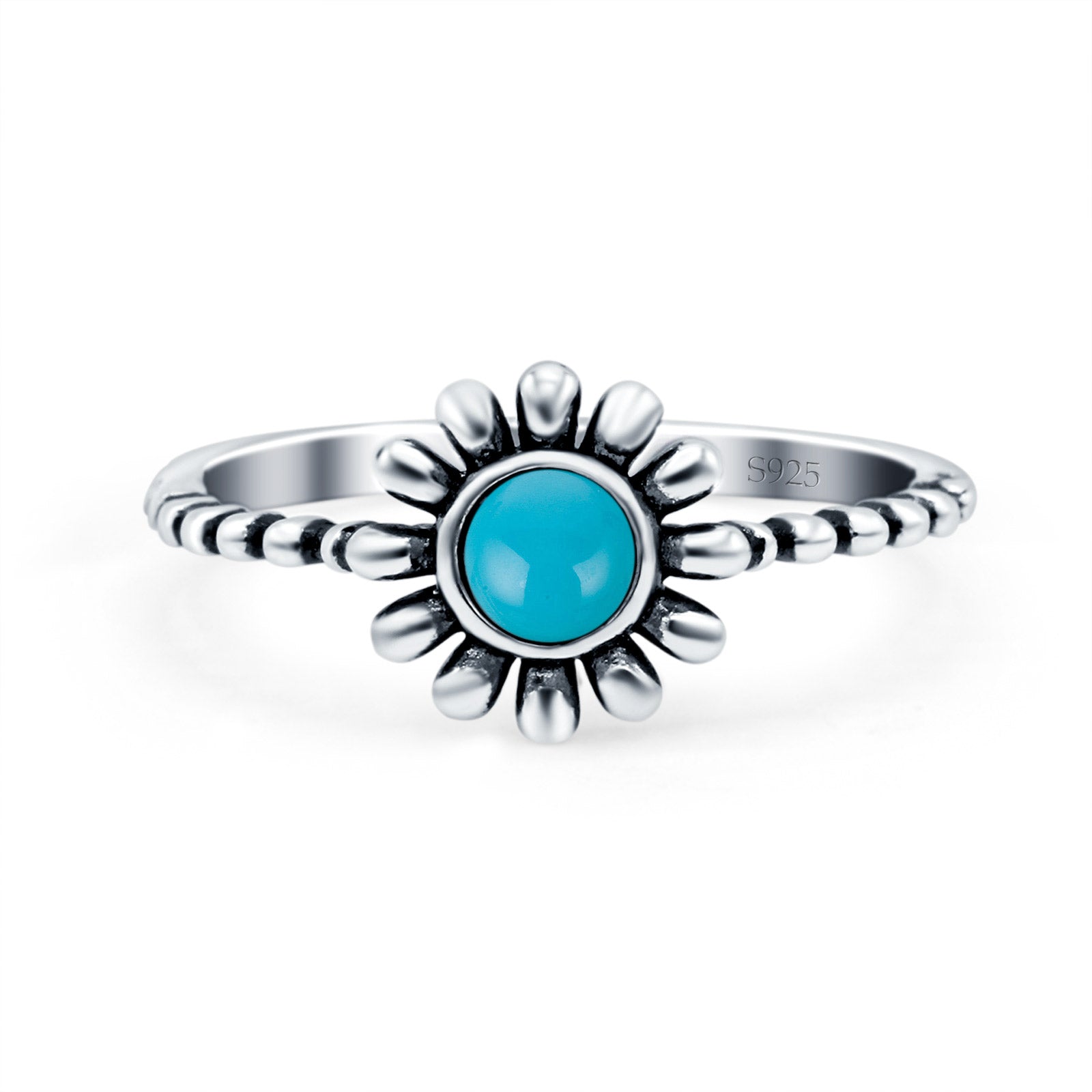 Flower Style Petite Dainty Round Ring Solid Oxidized Simulated Turquoise 925 Sterling Silver