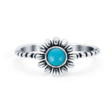 Flower Style Petite Dainty Round Ring Solid Oxidized Simulated Turquoise 925 Sterling Silver