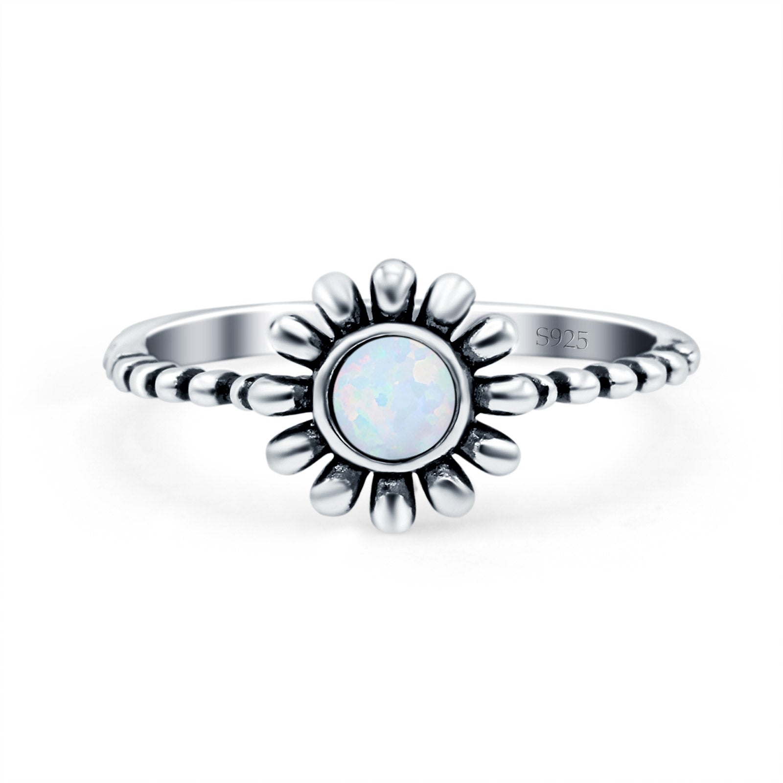Flower Style Petite Dainty Round Ring Solid Oxidized Lab Created White Opal 925 Sterling Silver