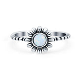 Flower Style Petite Dainty Round Ring Solid Oxidized Lab Created White Opal 925 Sterling Silver