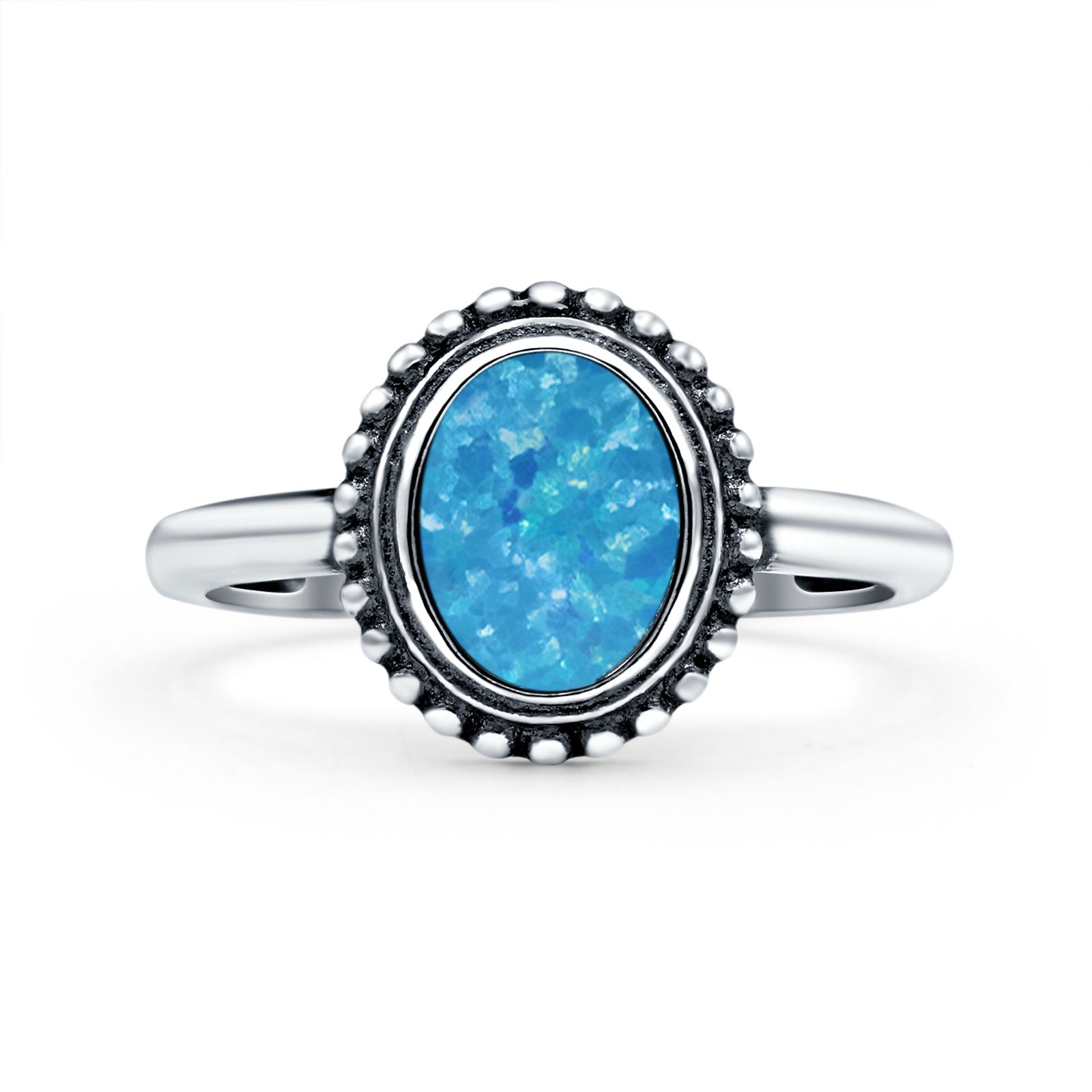 Petite Dainty Lab Opal Ring Solid Round Oxidized Lab Created Blue Opal 925 Sterling Silver
