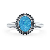 Petite Dainty Lab Opal Ring Solid Round Oxidized Lab Created Blue Opal 925 Sterling Silver