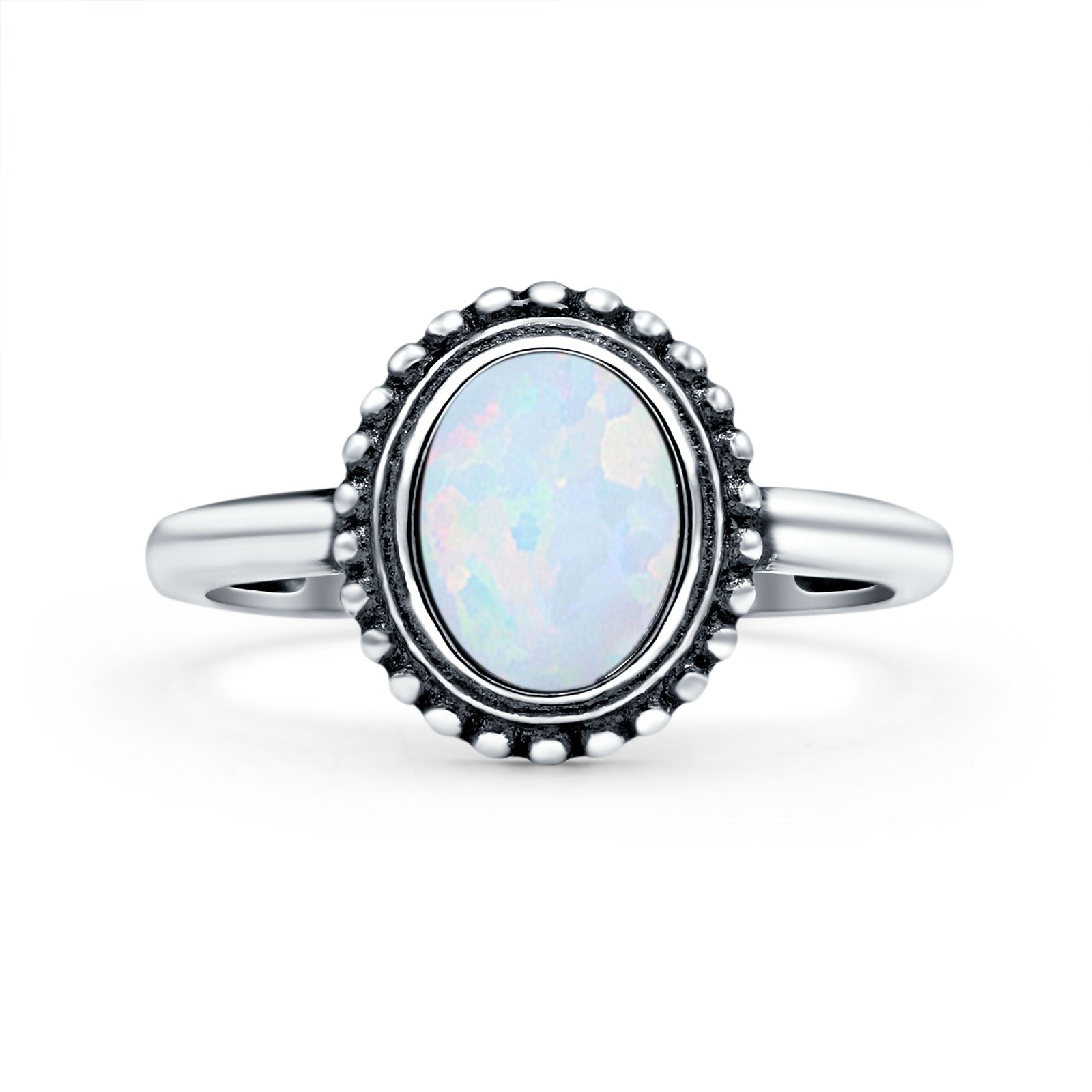 Petite Dainty Lab Opal Ring Solid Round Oxidized Lab Created White Opal 925 Sterling Silver
