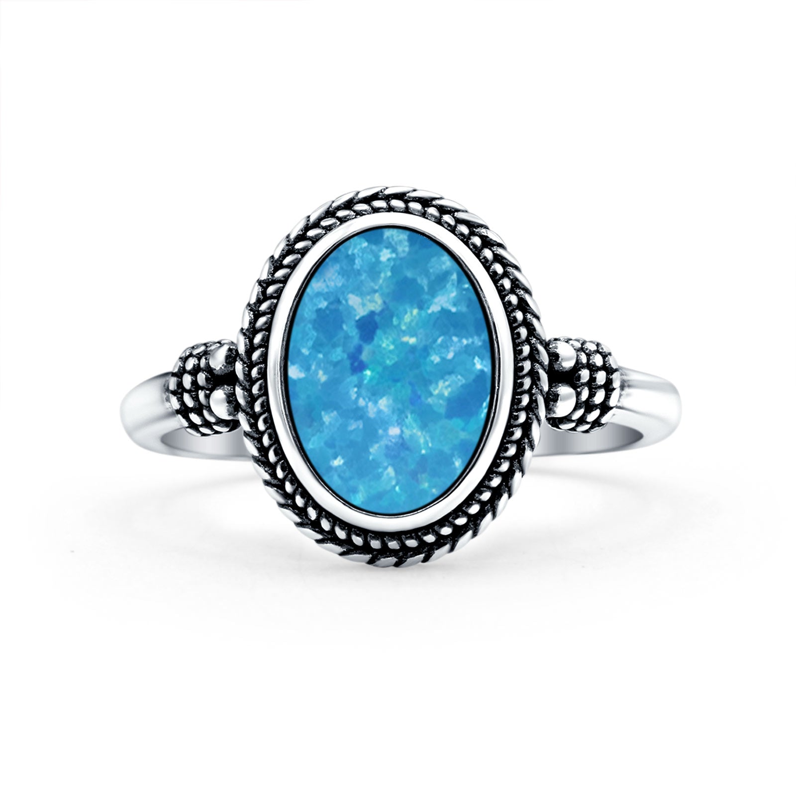 Petite Dainty Vintage Style Lab Created Blue Opal Ring Solid Oval Oxidized 925 Sterling Silver