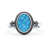 Petite Dainty Vintage Style Lab Created Blue Opal Ring Solid Oval Oxidized 925 Sterling Silver
