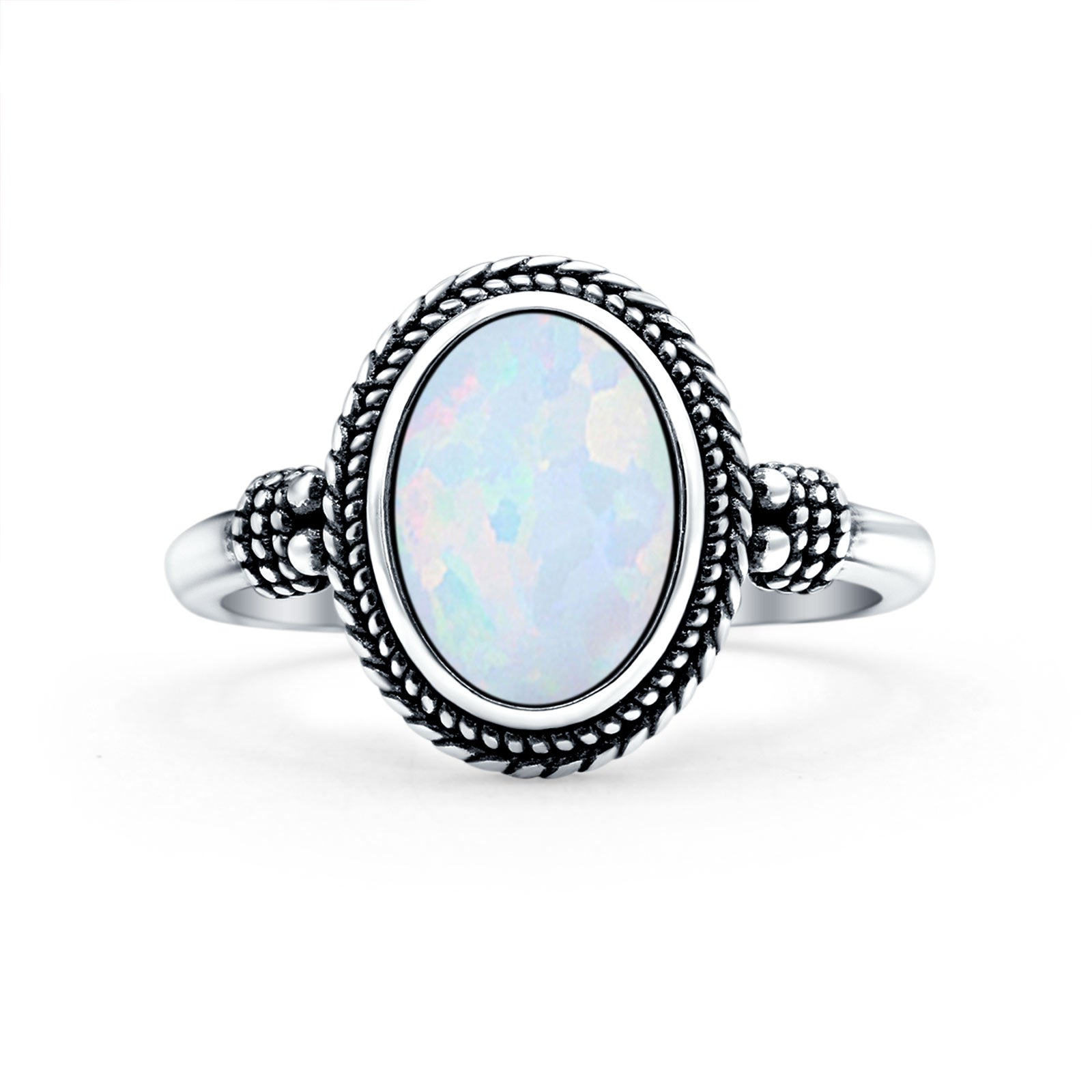 Petite Dainty Vintage Style Lab Created White Opal Ring Solid Oval Oxidized 925 Sterling Silver