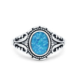 Petite Dainty Vintage Style Oval Ring Solid Lab Created Blue Opal 925 Sterling Silver