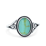 Petite Dainty Oval Vintage Style Ring Oxidized Solid Simulated Turquoise 925 Sterling Silver