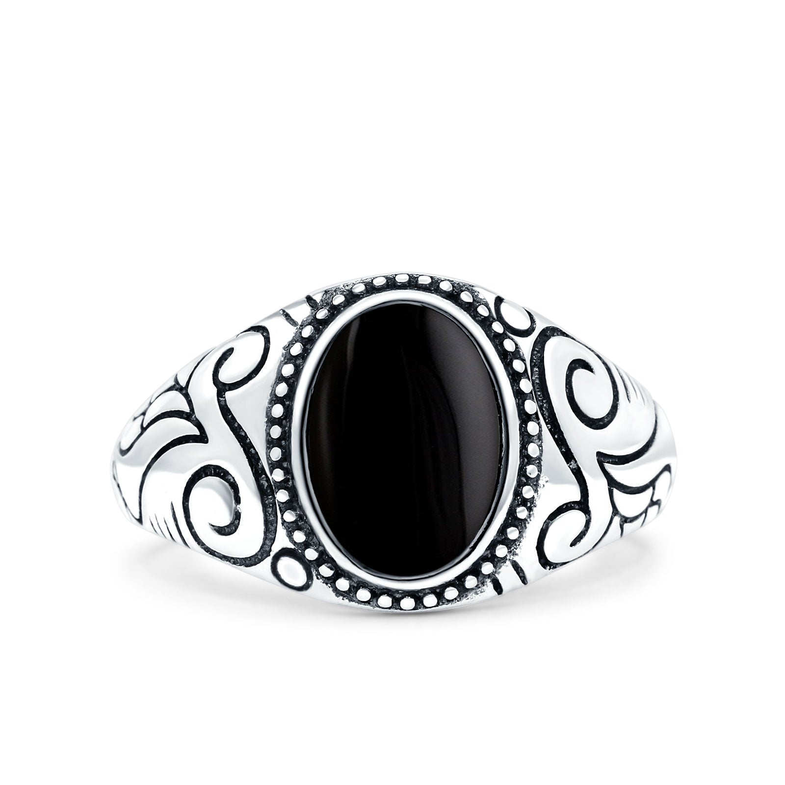 Filigree Vintage Style Lab Opal Ring Solid Oval Oxidized Simulated Black Onyx 925 Sterling Silver