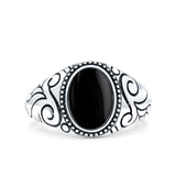 Filigree Vintage Style Lab Opal Ring Solid Oval Oxidized Simulated Black Onyx 925 Sterling Silver