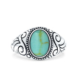 Filigree Vintage Style Lab Opal Ring Solid Oval Oxidized Simulated Turquoise 925 Sterling Silver