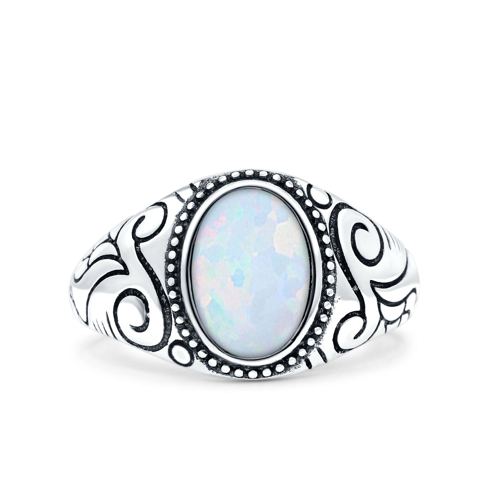 Filigree Vintage Style Lab Opal Ring Solid Oval Oxidized Lab Created White Opal 925 Sterling Silver