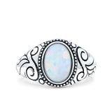 Filigree Vintage Style Lab Opal Ring Solid Oval Oxidized Lab Created White Opal 925 Sterling Silver