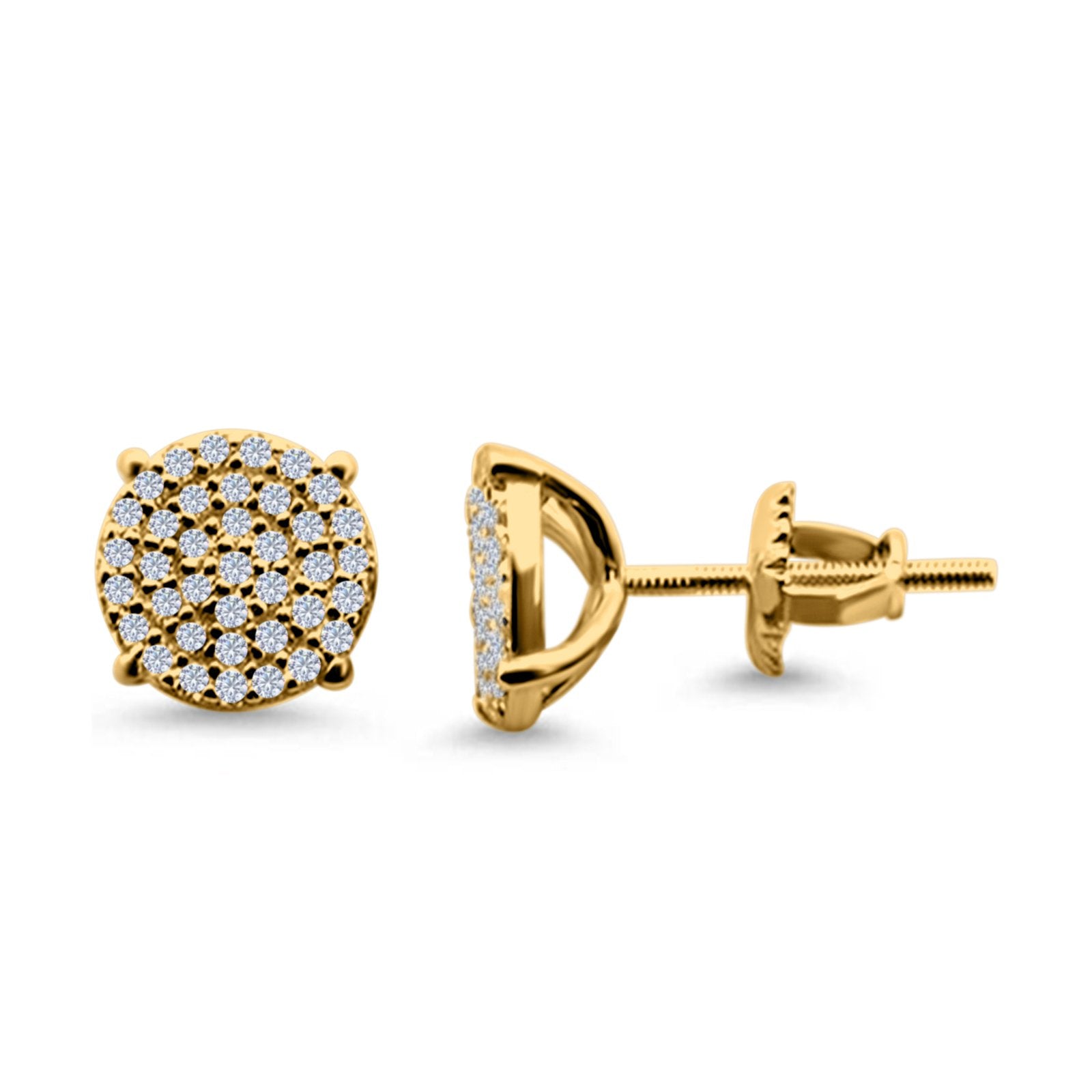 Hip Hop Stud Earrings Screwback Round Yellow Tone, Simulated CZ 925 Sterling Silver (10mm)