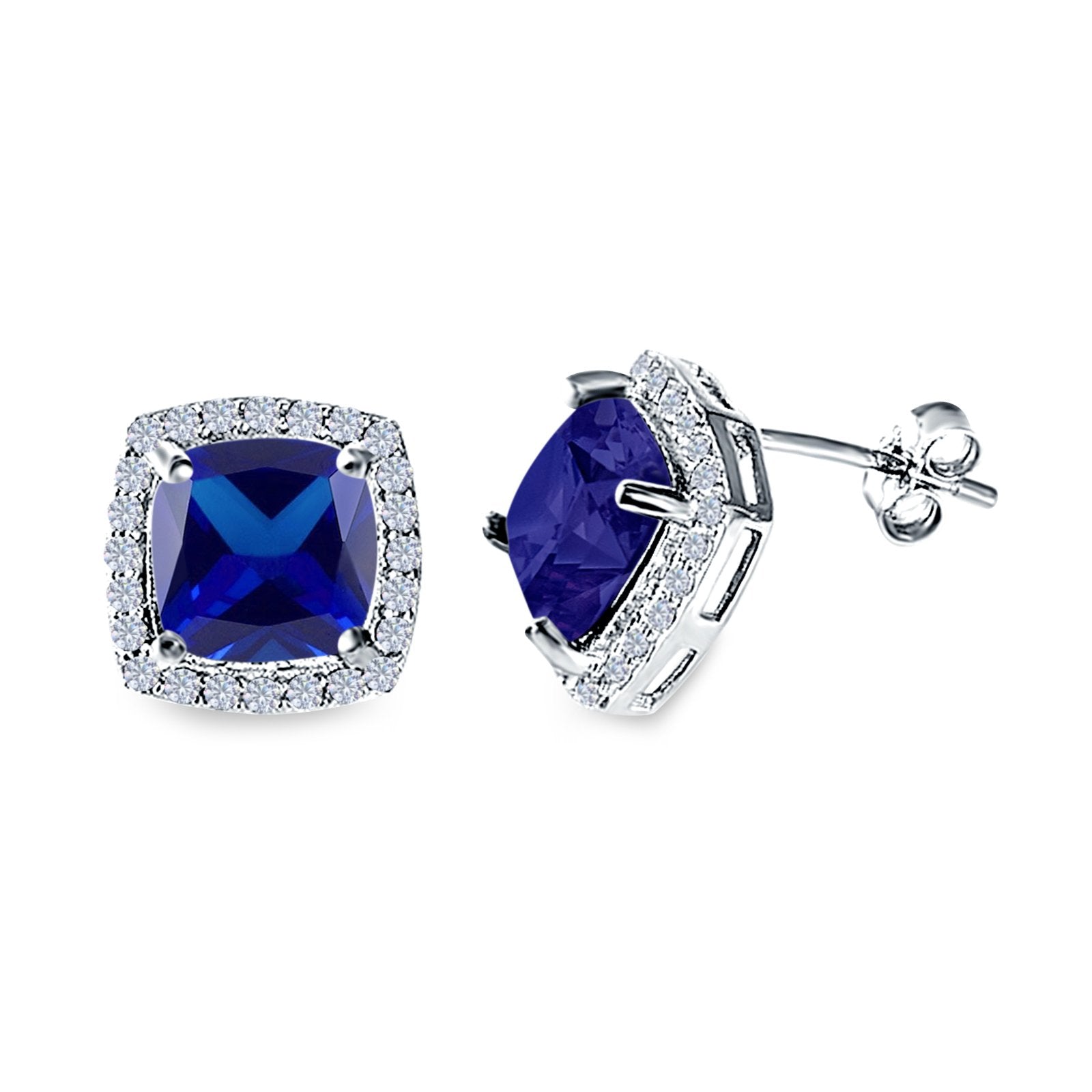 Cushion Cut Stud Earrings Simulated Blue Sapphire CZ 925 Sterling Silver