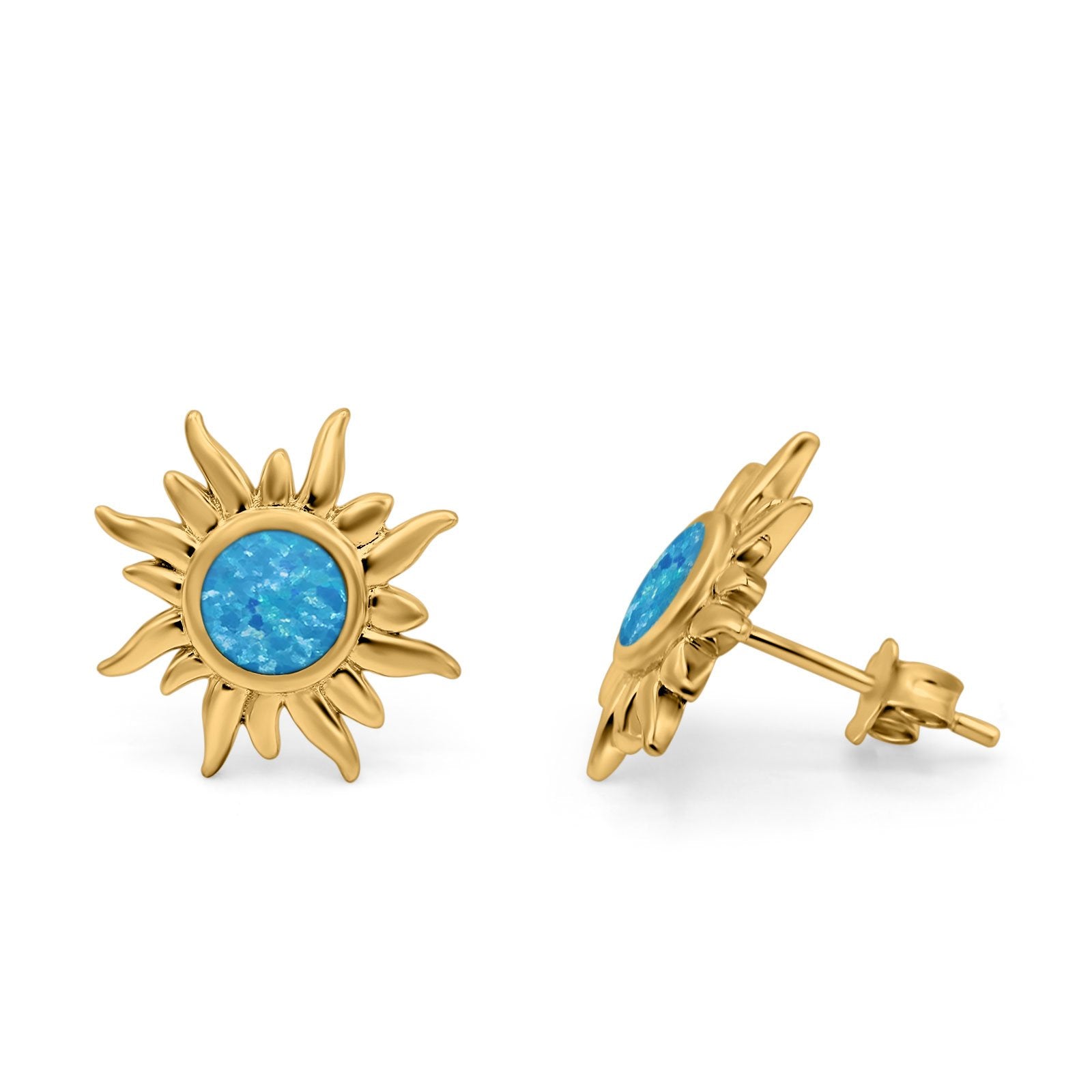 Sun Stud Earrings Yellow Tone, Lab Created Blue Opal 925 Sterling Silver (6.26mm)