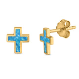 Cross Stud Earrings Yellow Tone, Lab Created Blue Opal 925 Sterling Silver