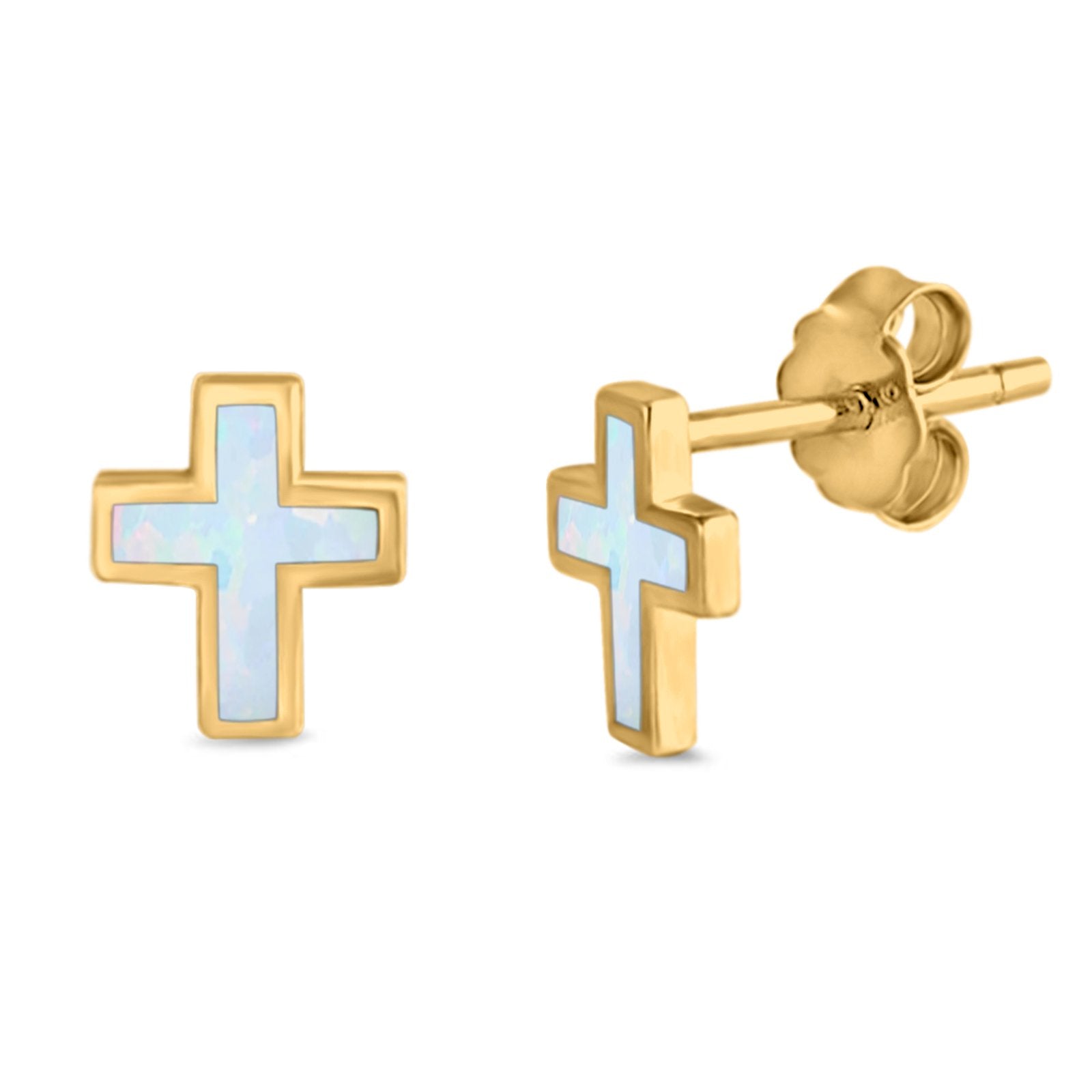 Cross Stud Earrings Yellow Tone, Lab Created White Opal 925 Sterling Silver
