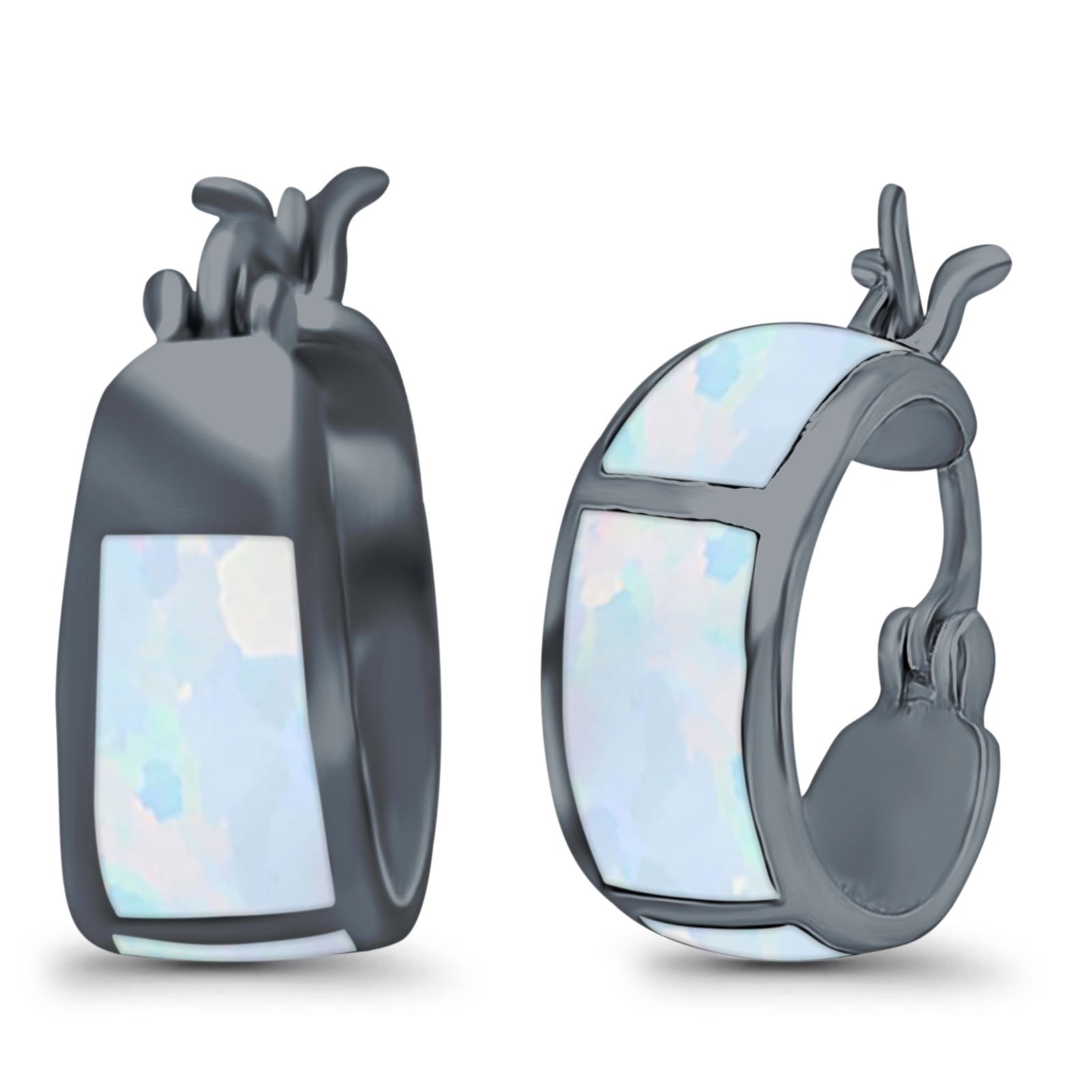 Hoop Huggies Earrings Irregular Shape Black Tone, Lab Created White Opal 925 Sterling Silver