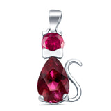 Teardrop Cat Pendant Charm Pear Simulated Ruby CZ 925 Sterling Silver