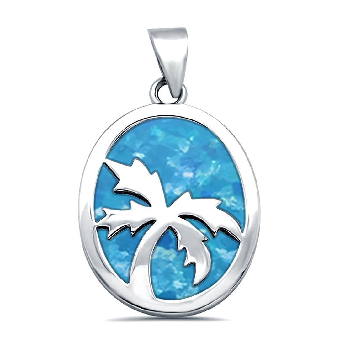 Solid Lab Created Blue Opal with Palm Tree Design .925 Sterling Silver Charm Pendant