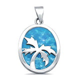 Solid Lab Created Blue Opal with Palm Tree Design .925 Sterling Silver Charm Pendant