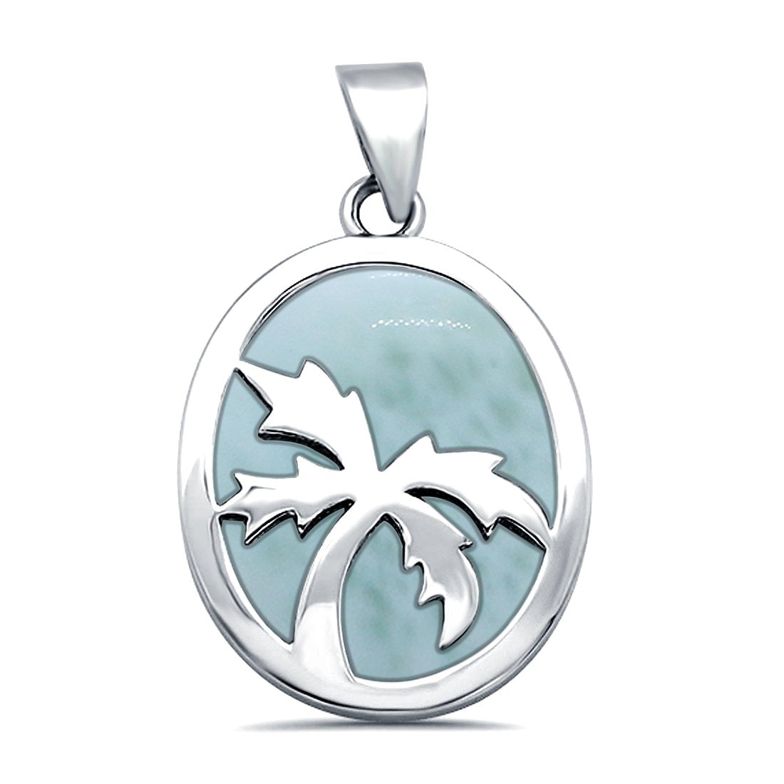 Solid Larimar with Palm Tree Design .925 Sterling Silver Charm Pendant