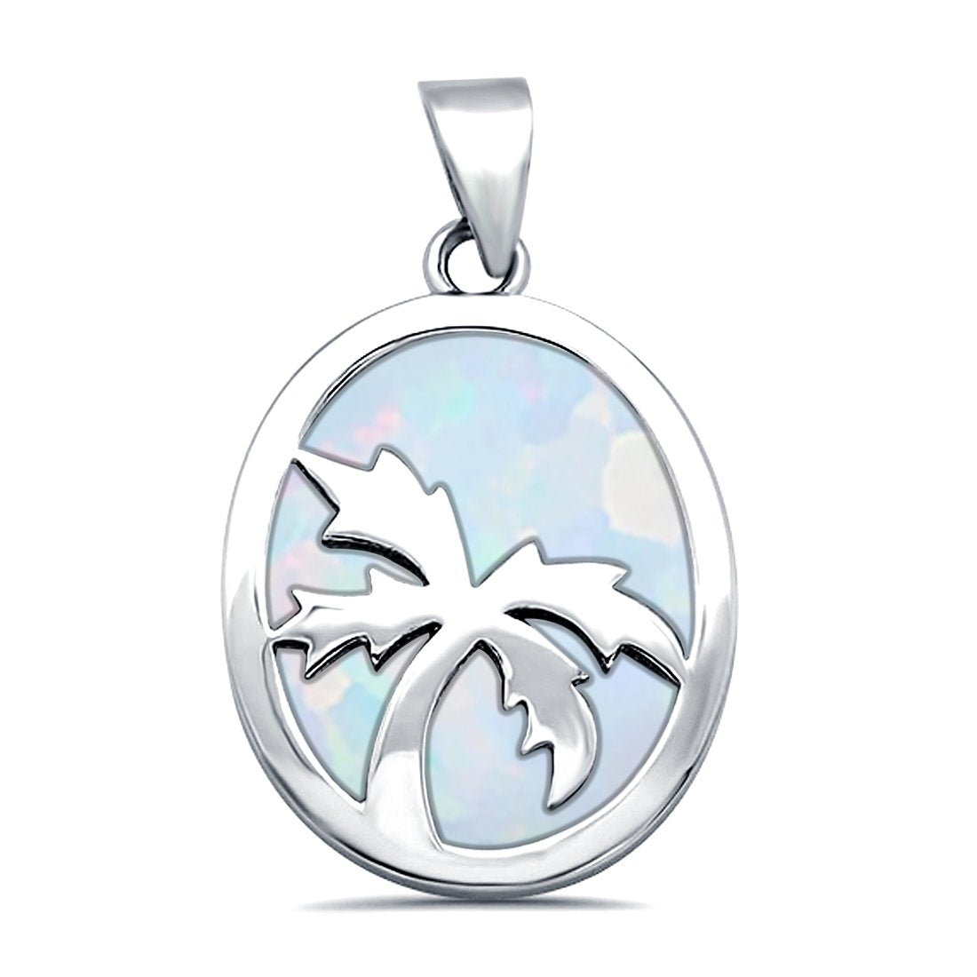 Solid Lab Created White Opal with Palm Tree Design .925 Sterling Silver Charm Pendant