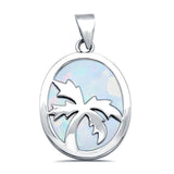 Solid Lab Created White Opal with Palm Tree Design .925 Sterling Silver Charm Pendant