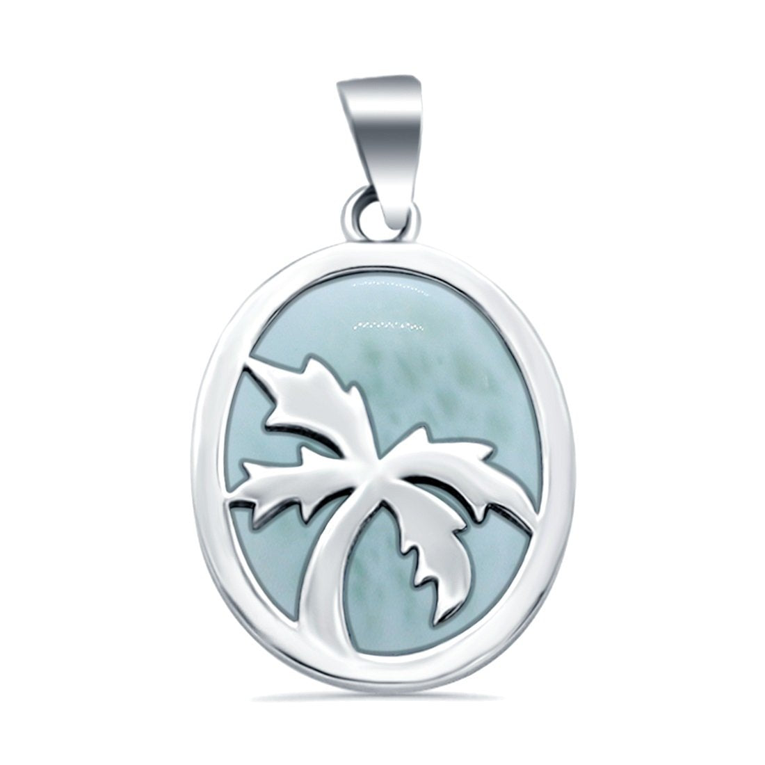 Oval Palm Tree Design Pendant Larimar 925 Sterling Silver