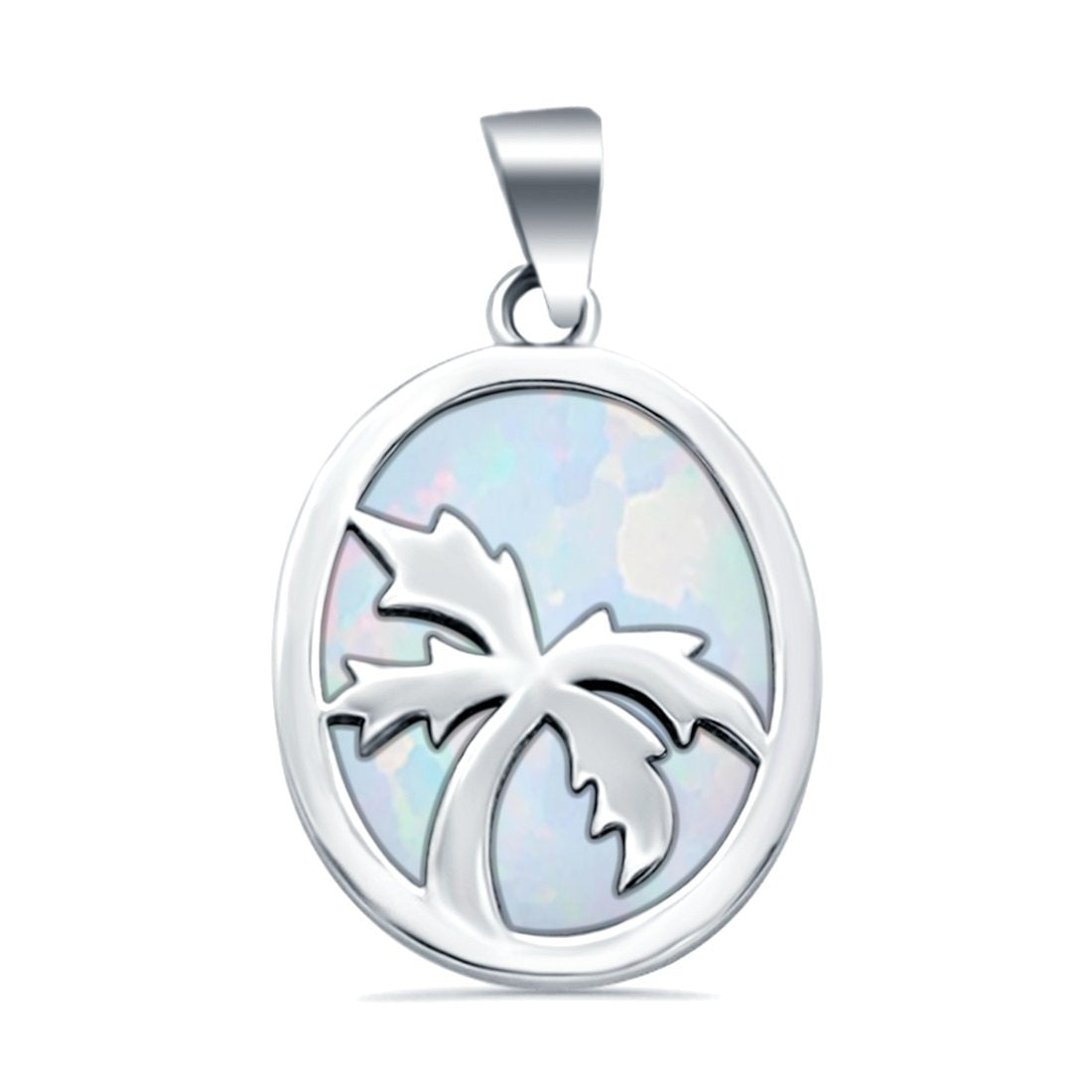 Oval Palm Tree Design Pendant Lab Created White Opal 925 Sterling Silver