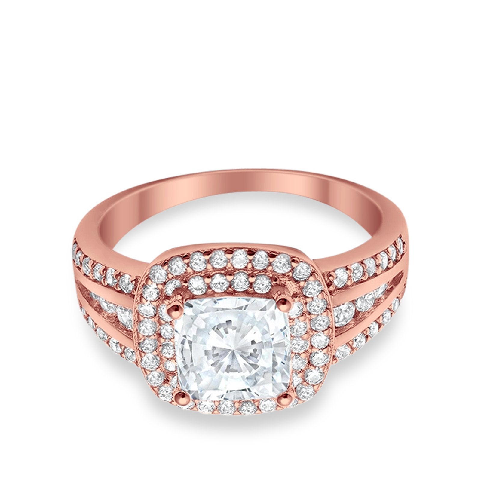 Halo Art Deco Wedding Ring Rose Tone, Simulated Cubic Zirconia 925 Sterling Silver