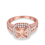 Halo Art Deco Wedding Ring Rose Tone, Simulated Morganite CZ 925 Sterling Silver