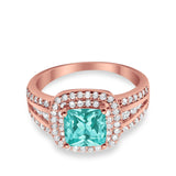 Halo Wedding Ring Rose Tone, Simulated Paraiba Tourmaline CZ 925 Sterling Silver