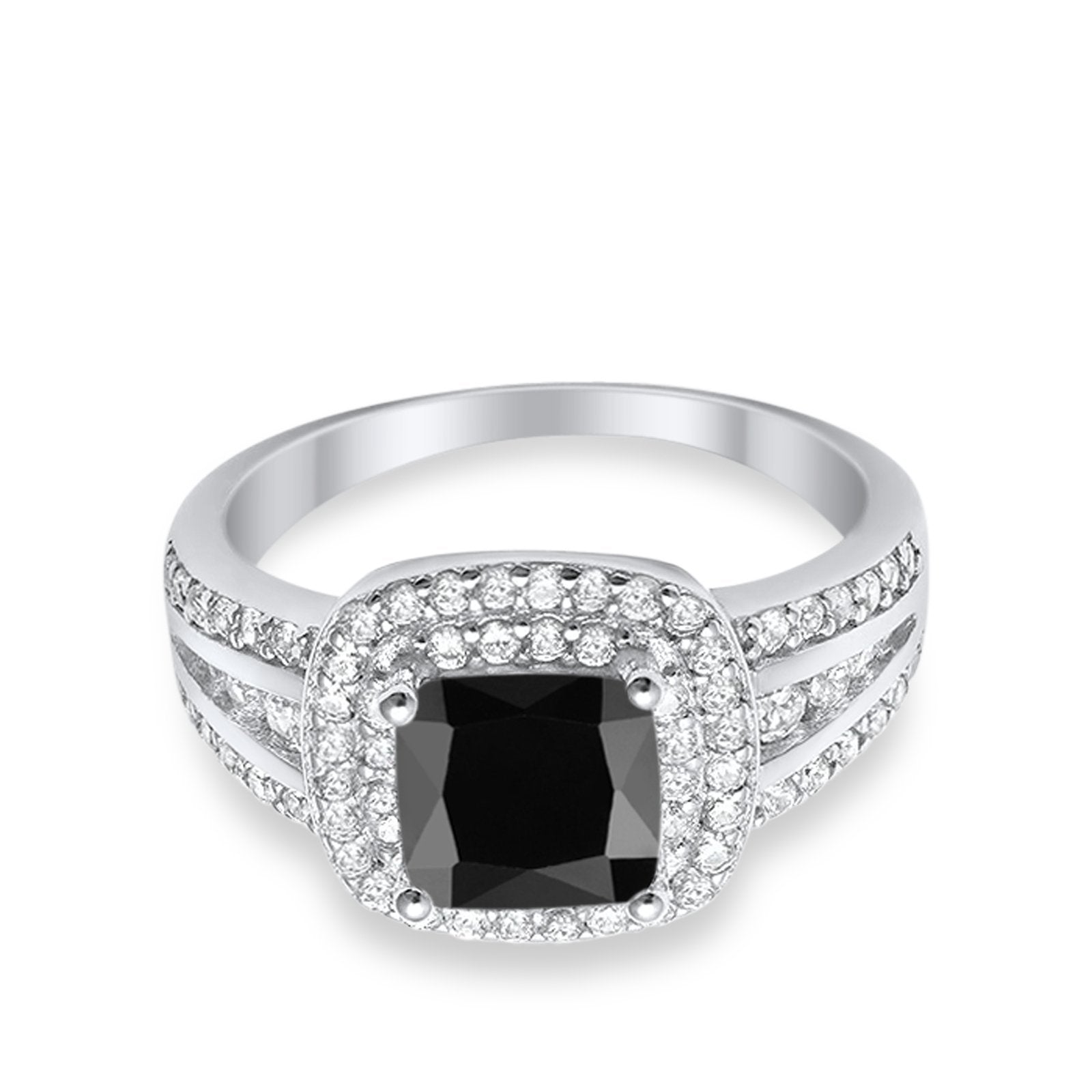 Halo Wedding Ring Princess Simulated Black CZ 925 Sterling Silver