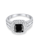 Halo Wedding Ring Princess Simulated Black CZ 925 Sterling Silver