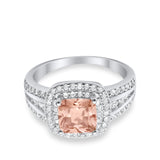Halo Wedding Ring Princess Simulated Morganite CZ 925 Sterling Silver